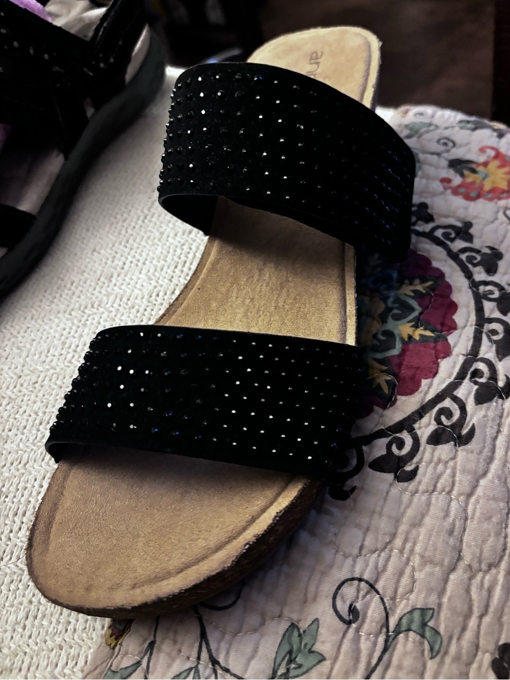Cork Wedge Black Rhinestone Covered Double Strap Slide Sandals Size 11M - Picture 5 of 16